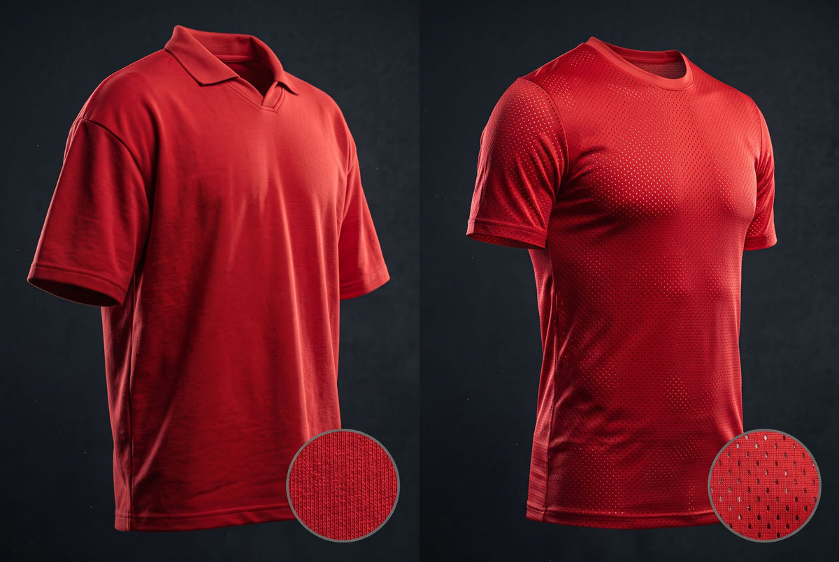 Fan version football shirt in thick matte knit next to player version in lightweight perforated mesh, with fabric close-ups