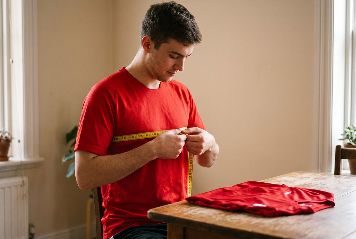 Man measuring his chest with a tape to choose a football shirt size
