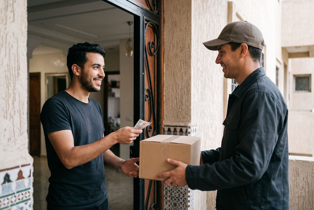 Delivery courier handing a parcel to a customer who pays cash on delivery in Morocco