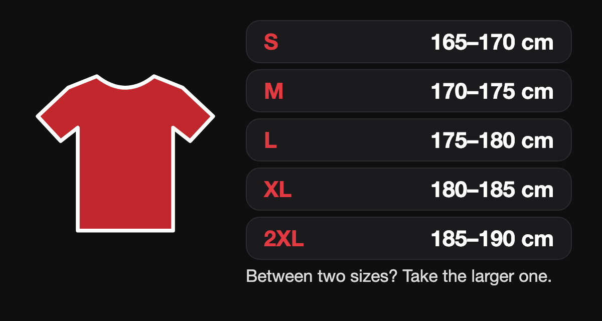 Football shirt size chart by height
